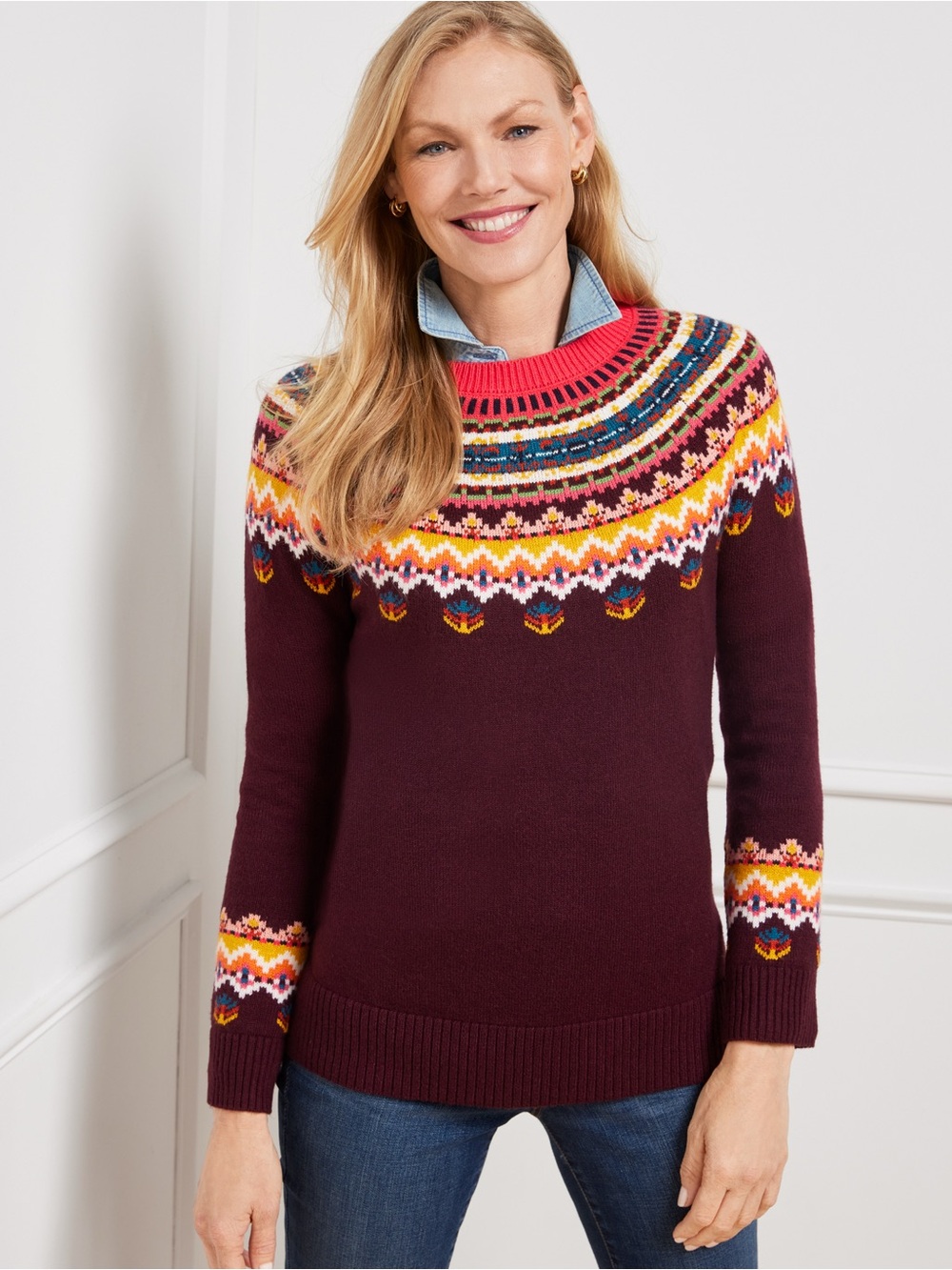 TALBOTS L Fair Isle Yoke Crew Neck Sweater • Fall Winter Holidays Cabin Cozycore